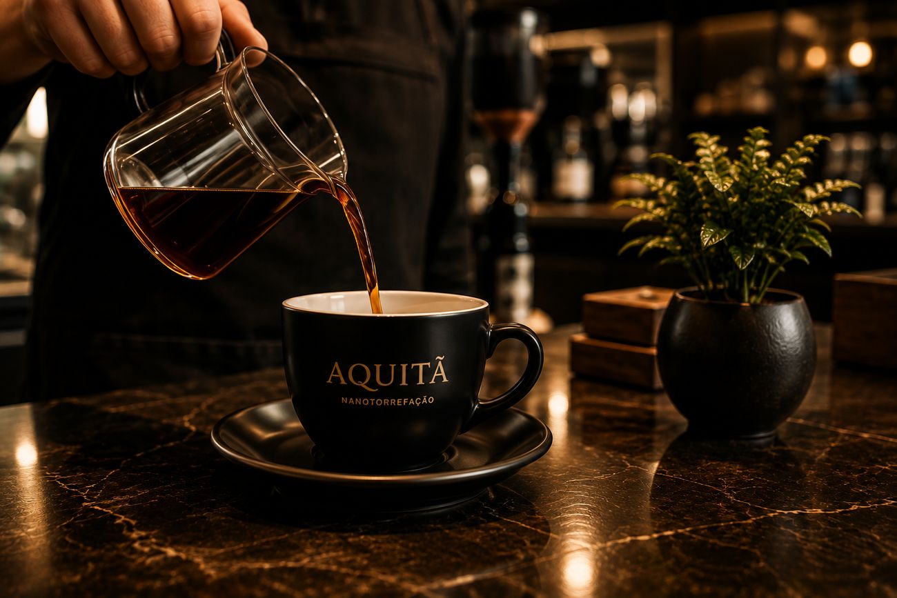 Barista servindo café coado numa xícara com a marca Aquitã, sobre balcão de mármore