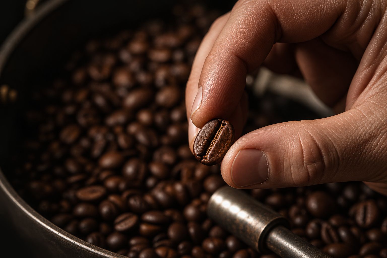 Torrefeiro avaliando um grão de café em close, sobre o tambor da torra
